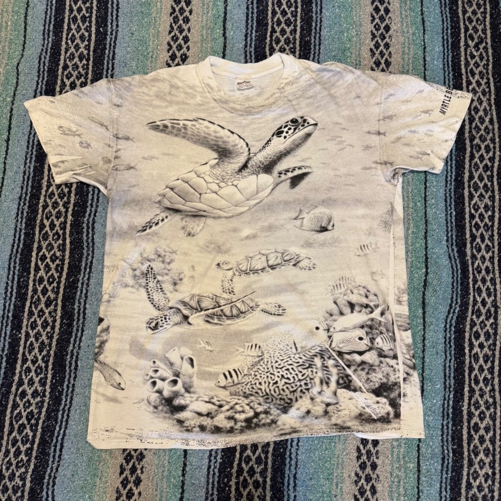 Vintage Stedman Sea Turtle All Over Print T Shirt XL Myrtle Beach SC USA Made